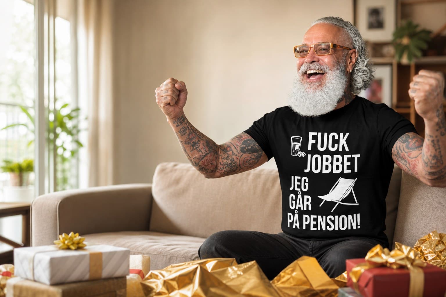 Mand i t-shirt med teksten “Fuck jobbet, jeg går på pension”
