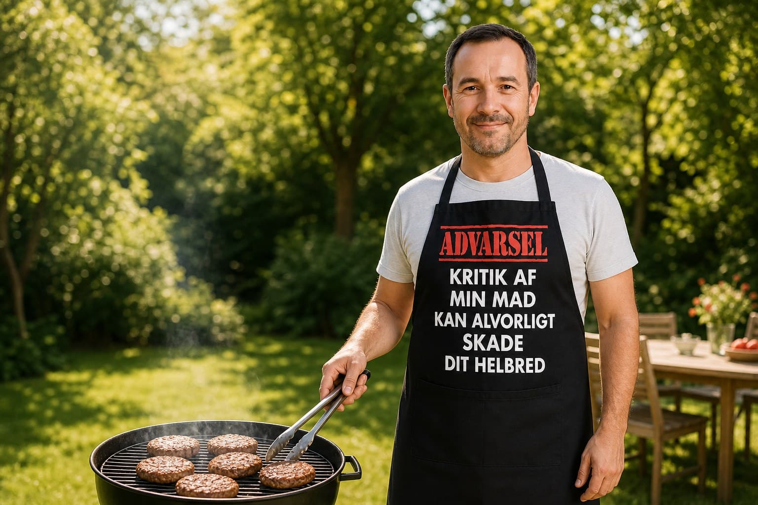 Person ved grillen i forklæde med teksten “Advarsel: kritik af min mad”